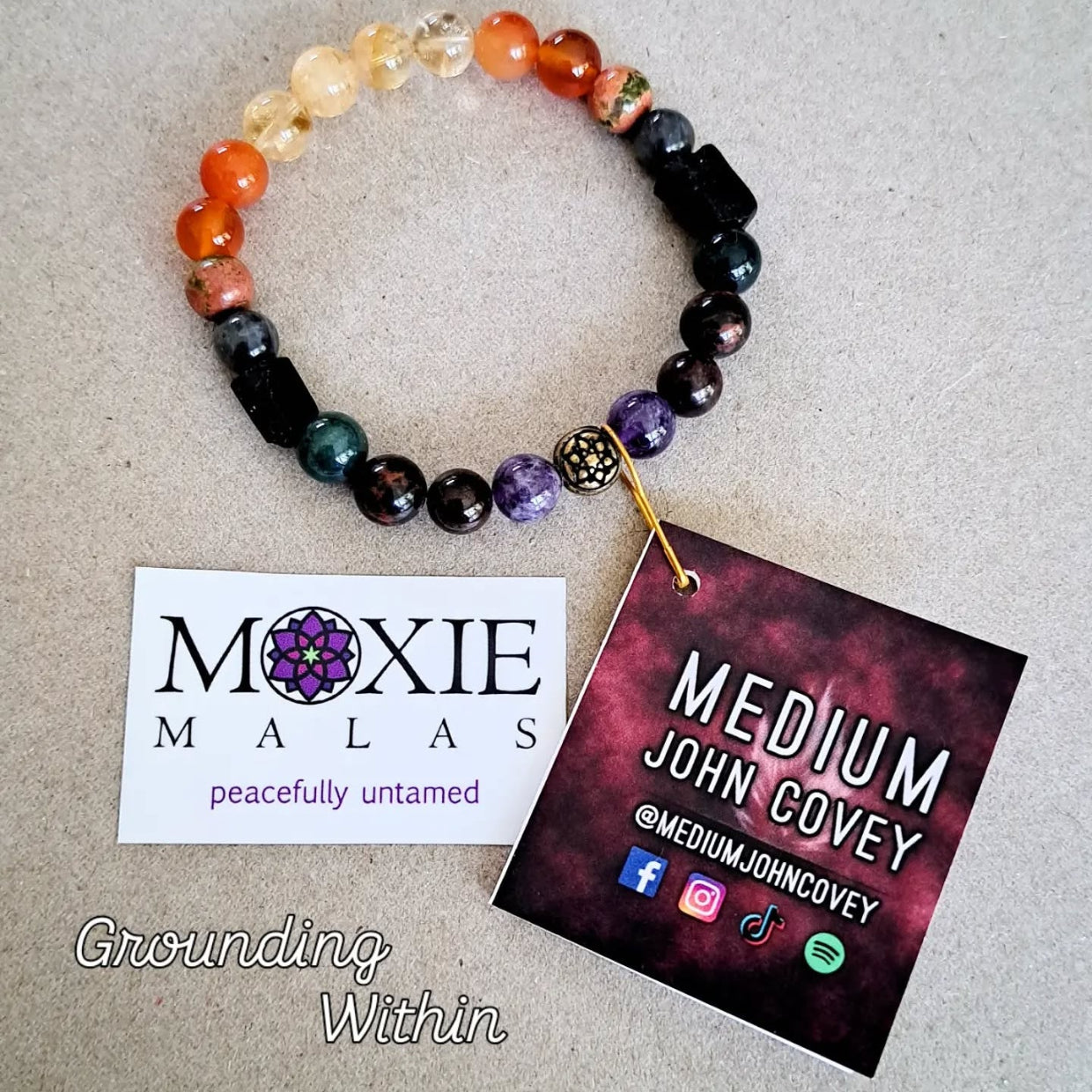 john covey collaboration, orange yellow green purple black brown grounding within crystal bracelet paranormal medium psychic 