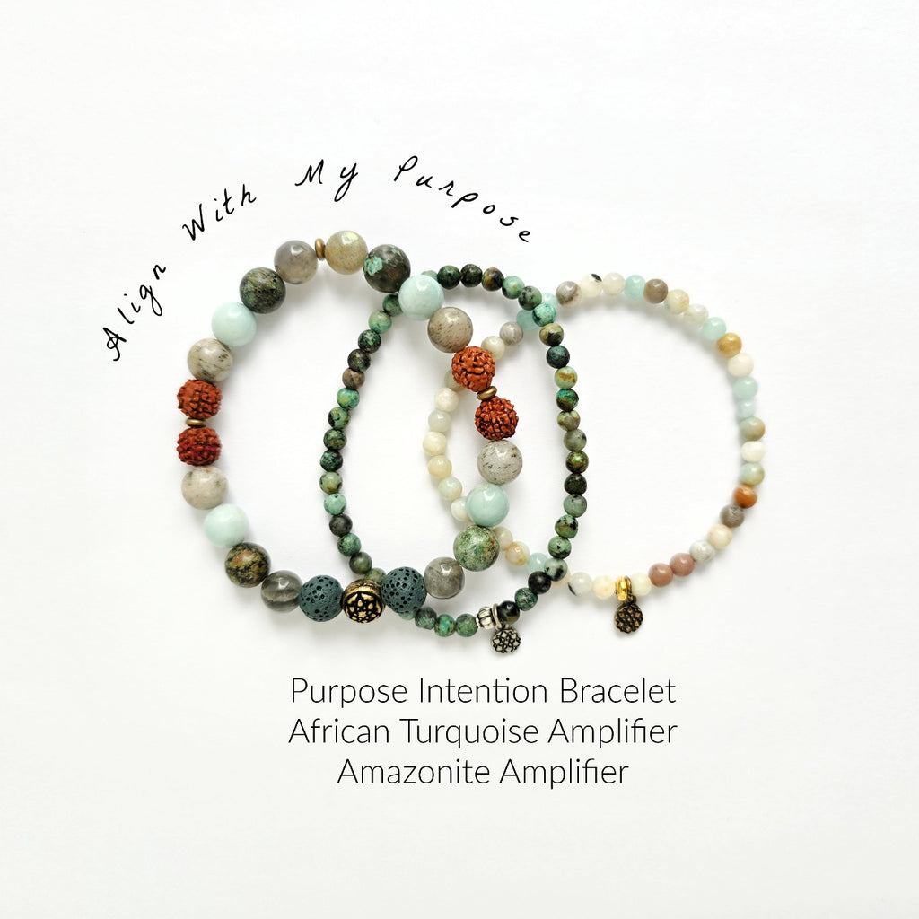 Three beaded bracelets on a white background with text about purpose intention bracelets.
