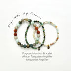 Three beaded bracelets on a white background with text about purpose intention bracelets.