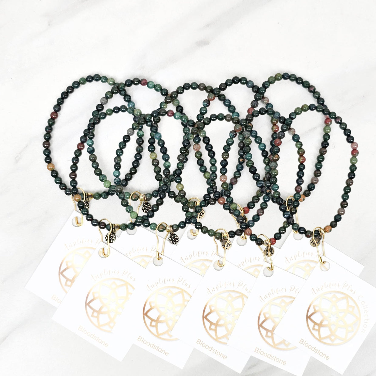 gemstone beaded bracelets on cards with 'Bloodstone Bestie Bundles' text on a white background valentines day galentines gifts
