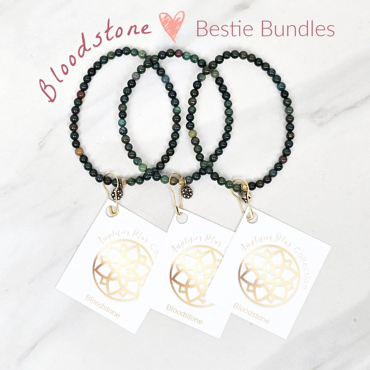 gemstone beaded bracelets on cards with 'Bloodstone Bestie Bundles' text on a white background valentines day galentines gifts