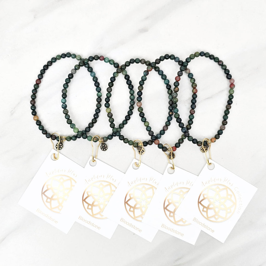 gemstone beaded bracelets on cards with 'Bloodstone Bestie Bundles' text on a white background valentines day galentines gifts