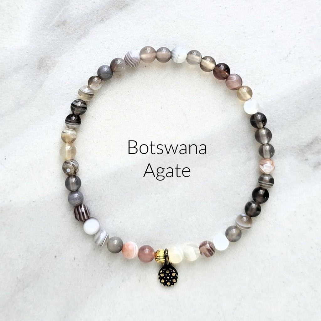 Beaded bracelet with 'Botswana Agate' text on a light background