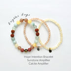 Three beaded bracelets with different stones on a white background, labeled 'Brighter Days'.
