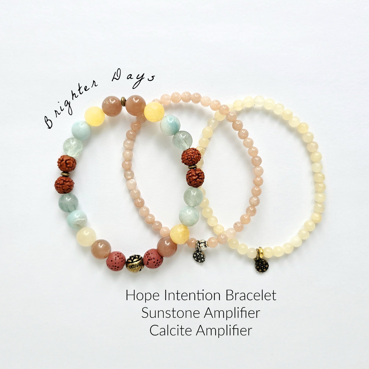 Three beaded bracelets with different stones on a white background, labeled 'Brighter Days'.