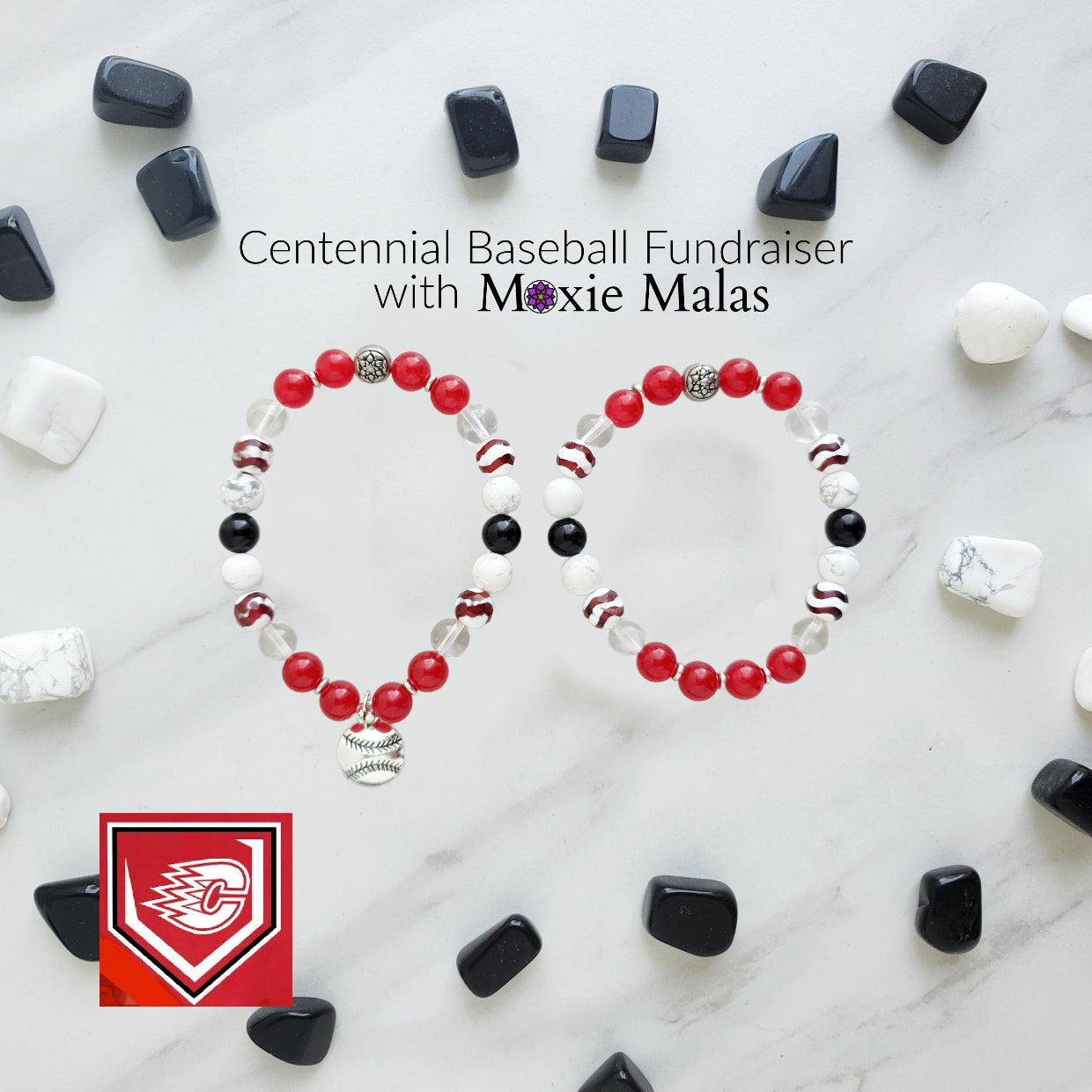 Two beaded bracelets with red, white, and black beads on a marble surface with Moxie Malas branding. centennial baseball fundraiser