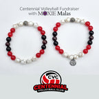 Two beaded bracelets with a volleyball charm on a white background, featuring Moxie Malas branding and Centennial Volleyball Club logos.
