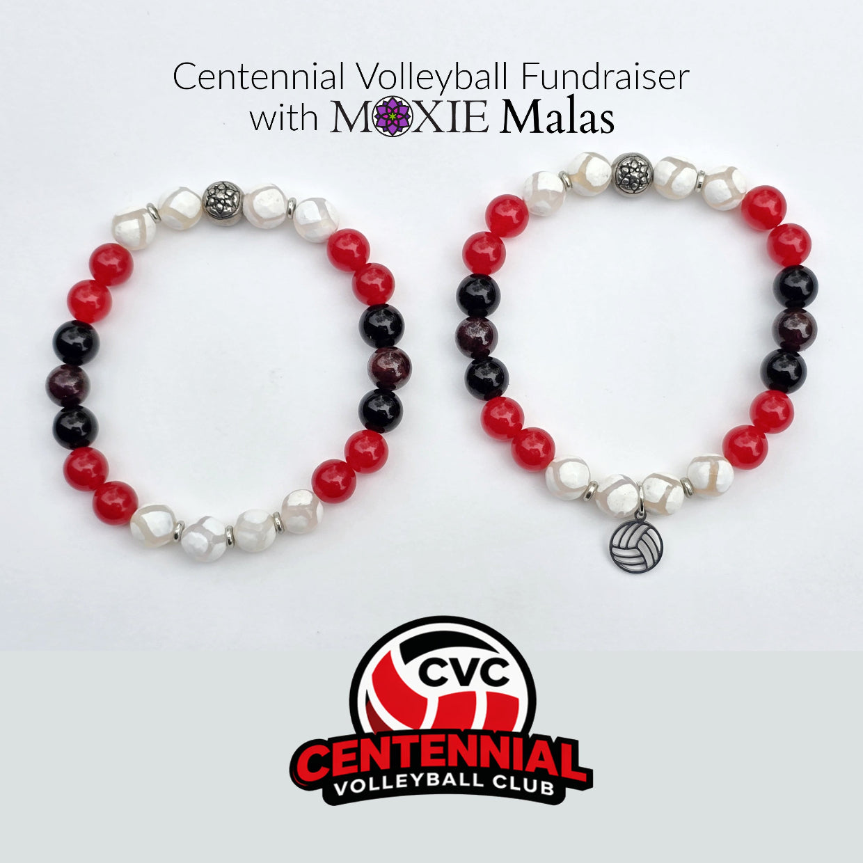 Two beaded bracelets with a volleyball charm on a white background, featuring Moxie Malas branding and Centennial Volleyball Club logos.
