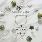 Cindy Kaza and Moxie Malas collaboration connection to spirit bracelet rainbow moonstone, labradorite, prehnite, clear quartz