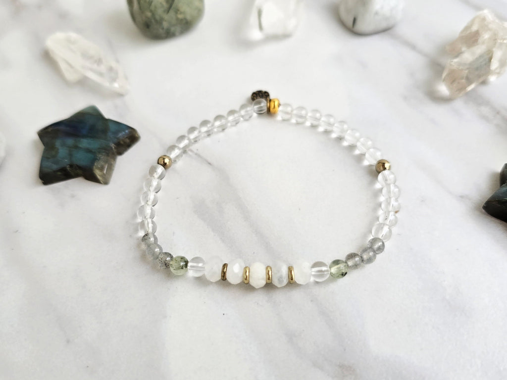 Cindy Kaza and Moxie Malas collaboration connection to spirit bracelet rainbow moonstone, labradorite, prehnite, clear quartz