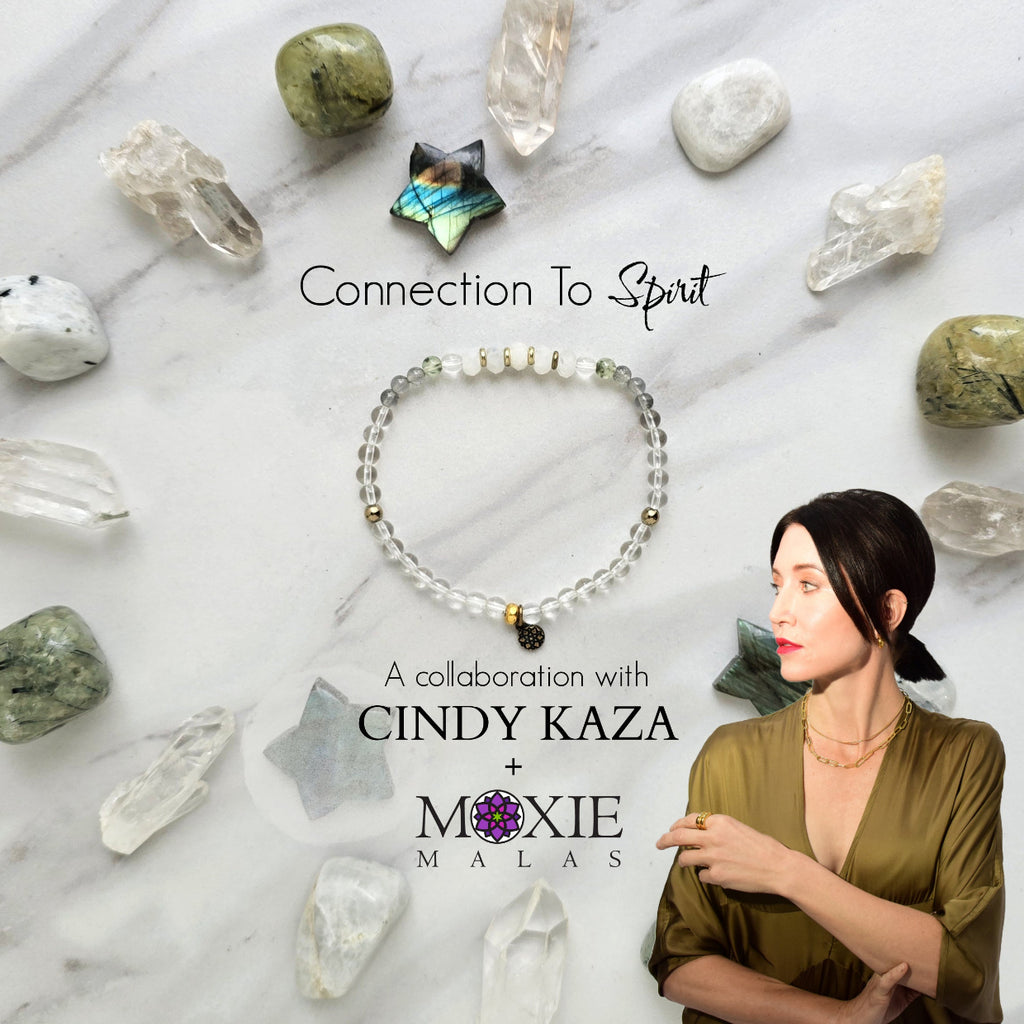 Cindy Kaza and Moxie Malas collaboration connection to spirit bracelet rainbow moonstone, labradorite, prehnite, clear quartz