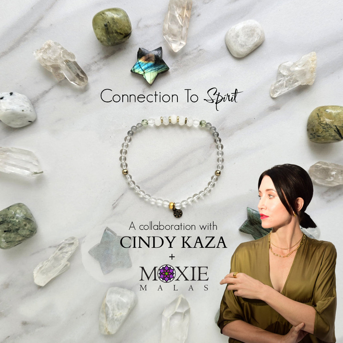 Cindy Kaza and Moxie Malas collaboration connection to spirit bracelet rainbow moonstone, labradorite, prehnite, clear quartz