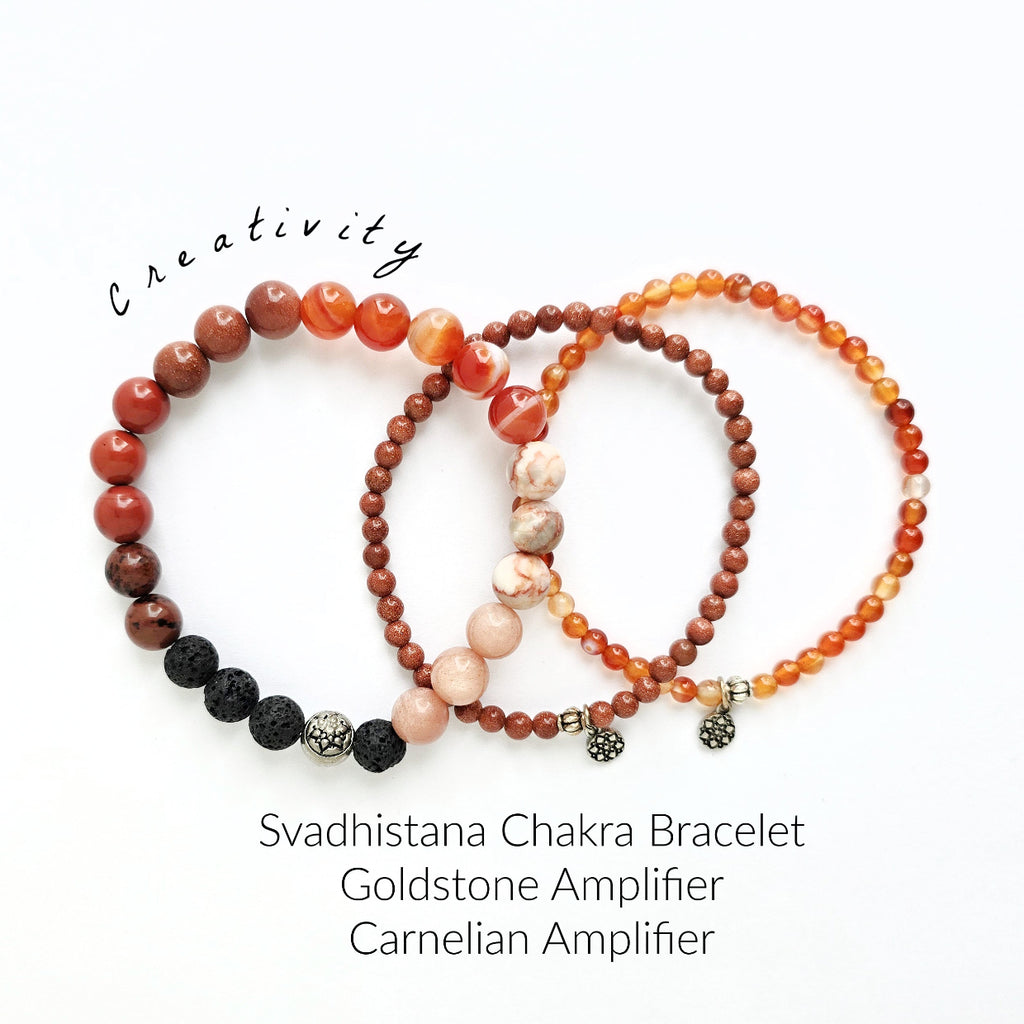Three beaded bracelets on a white background with text indicating their names and chakra associations.