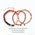 Three beaded bracelets on a white background with text indicating their names and chakra associations.
