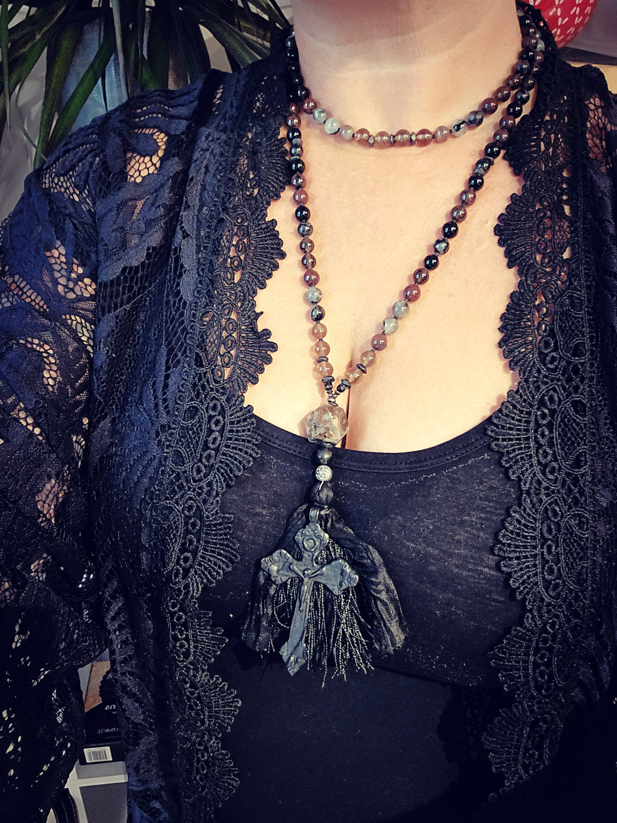 christian prayer mala black cross agate smoky quartz
