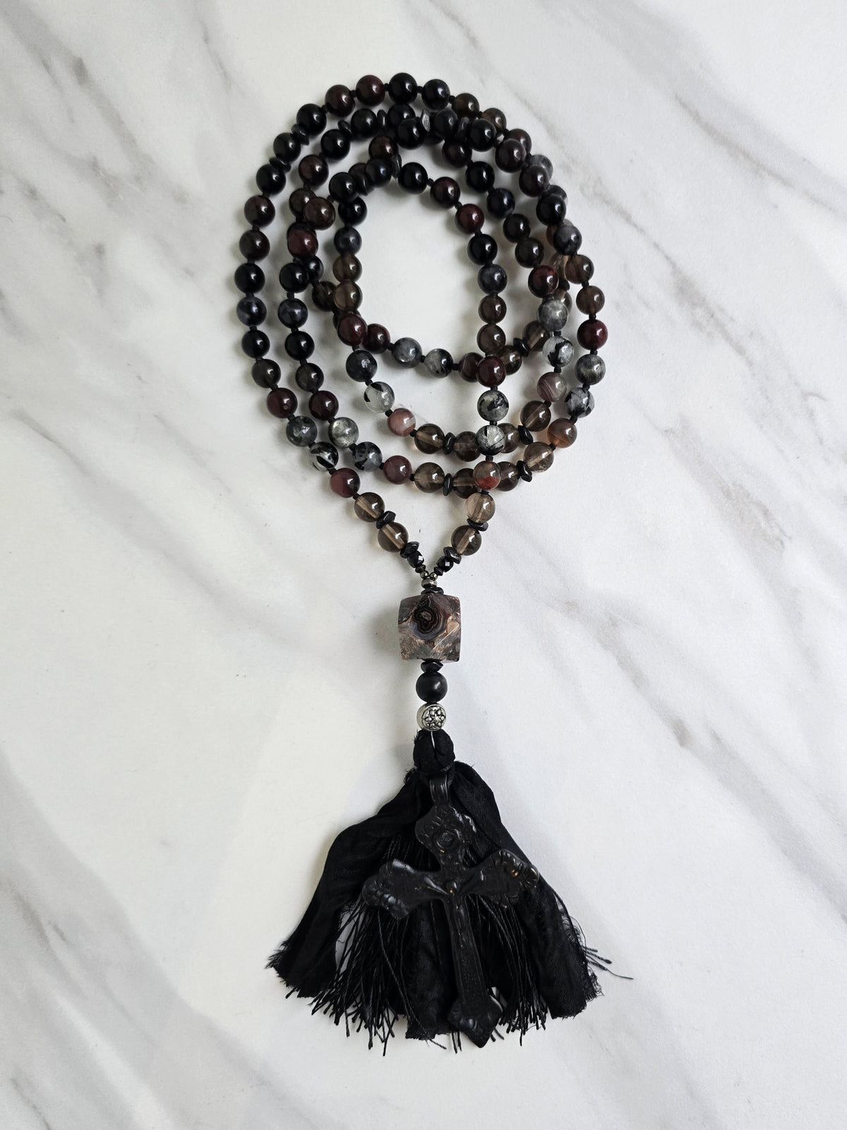 christian prayer mala black cross agate smoky quartz