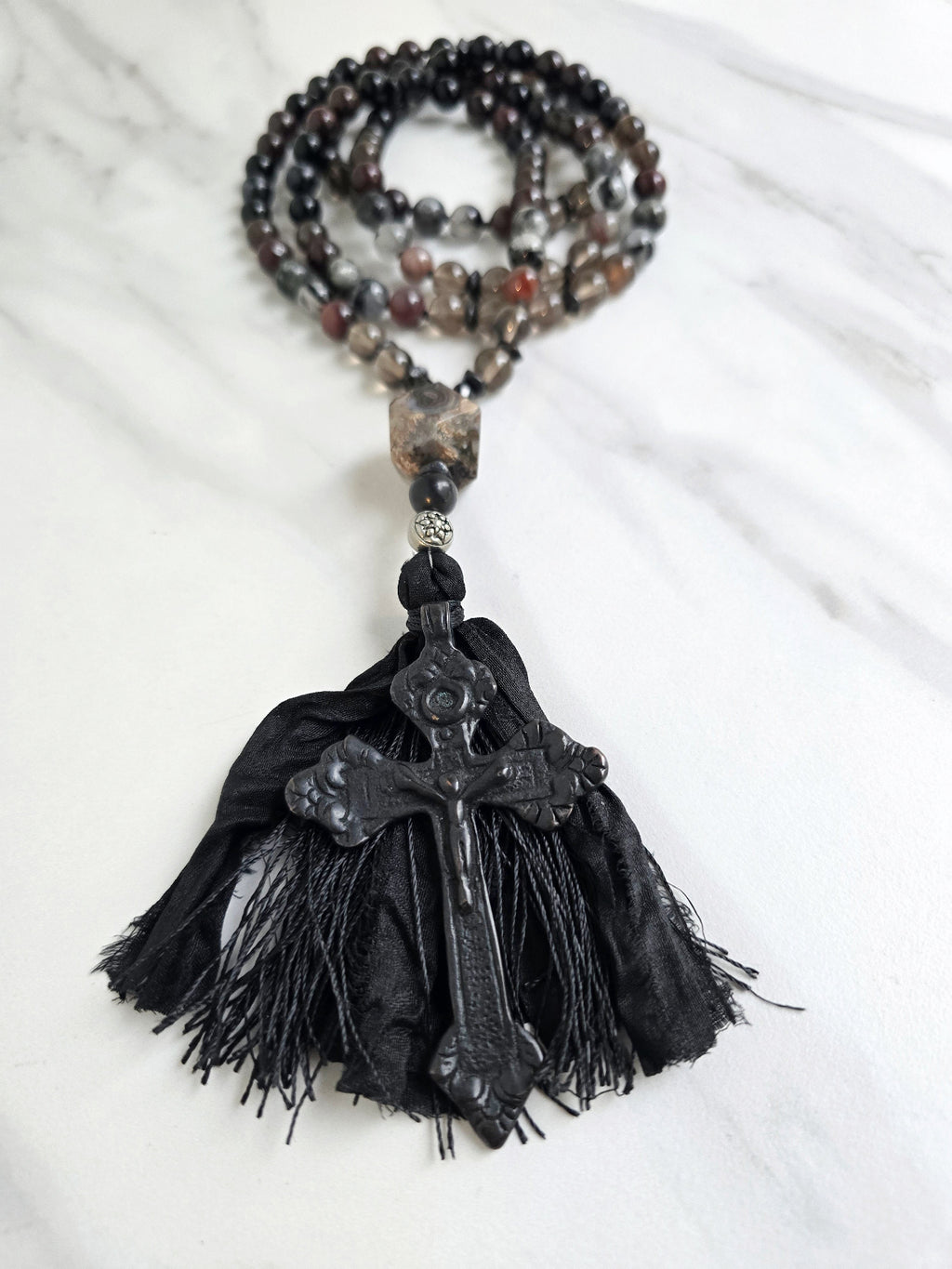 christian prayer mala black cross agate smoky quartz