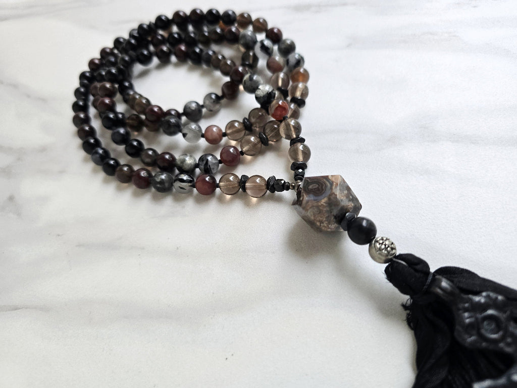 christian prayer mala black cross agate smoky quartz