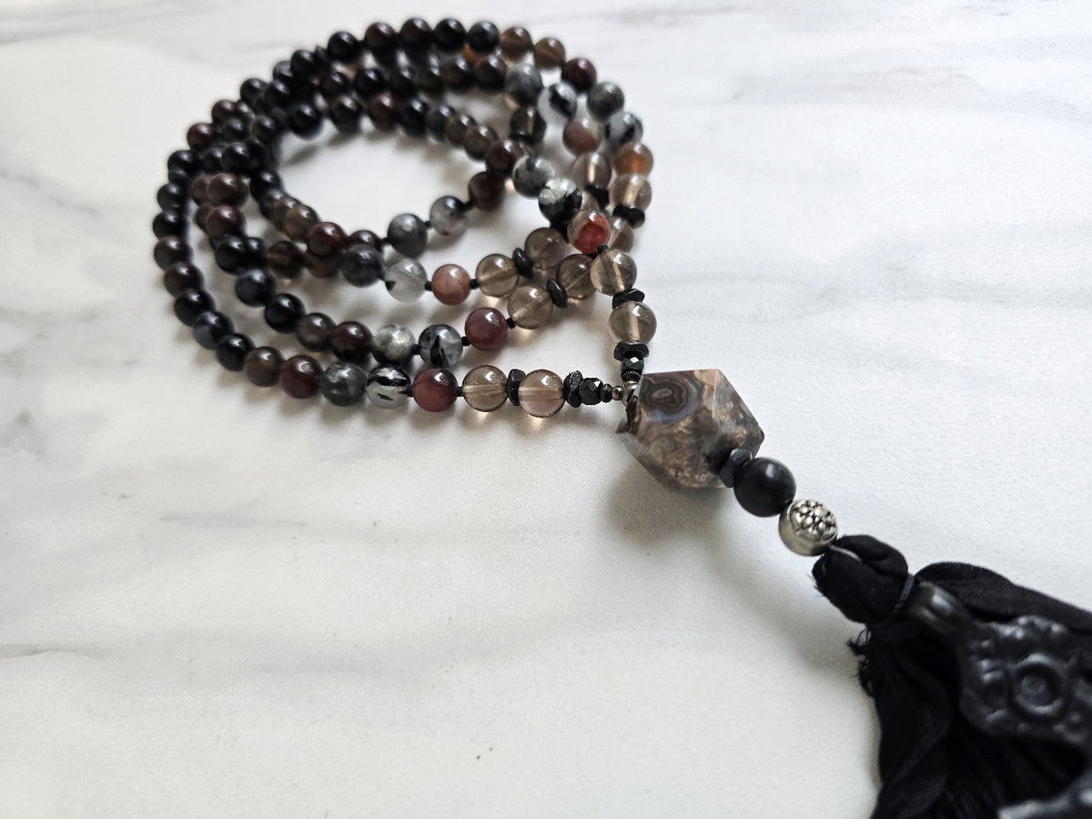 christian prayer mala black cross agate smoky quartz