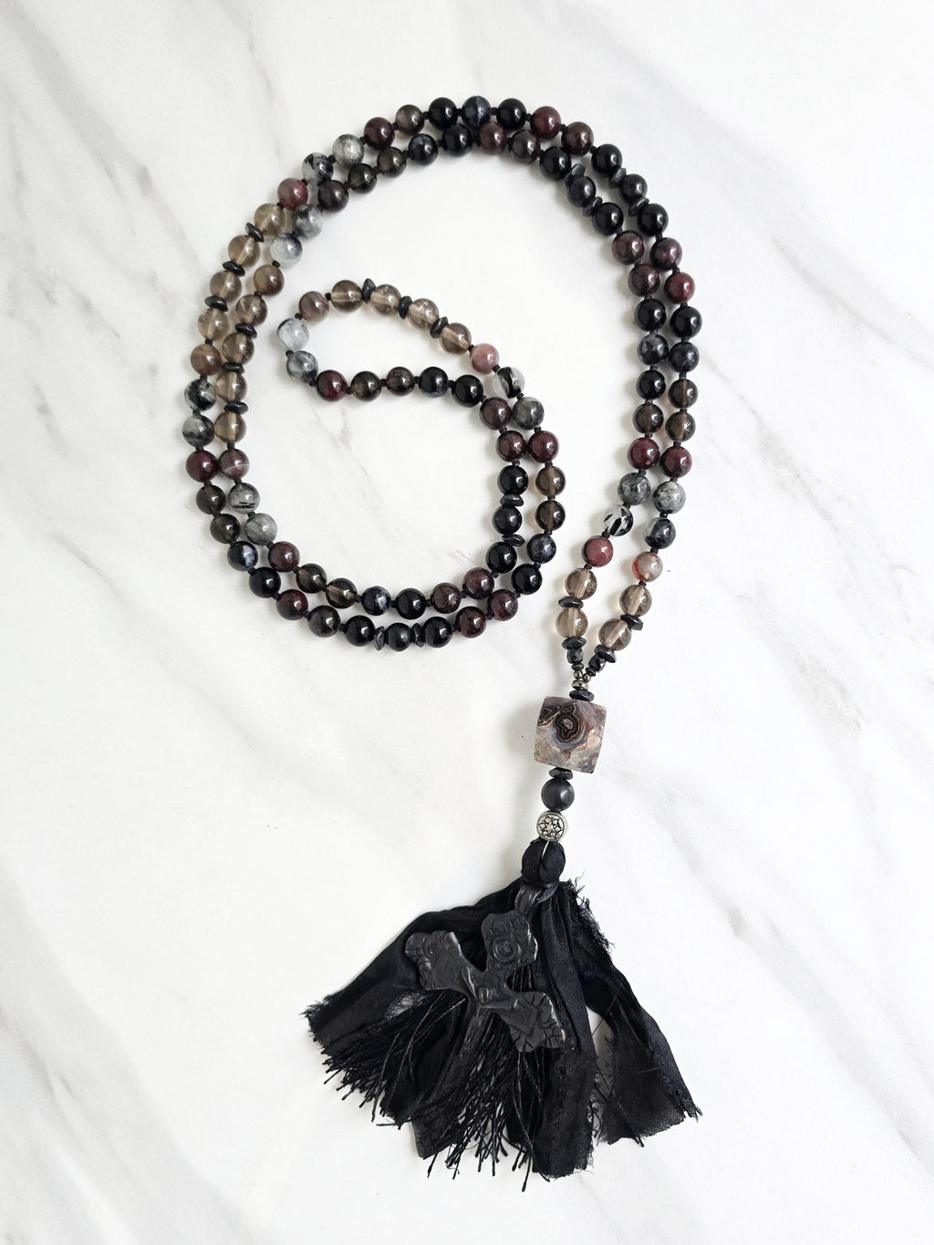 christian prayer mala black cross agate smoky quartz