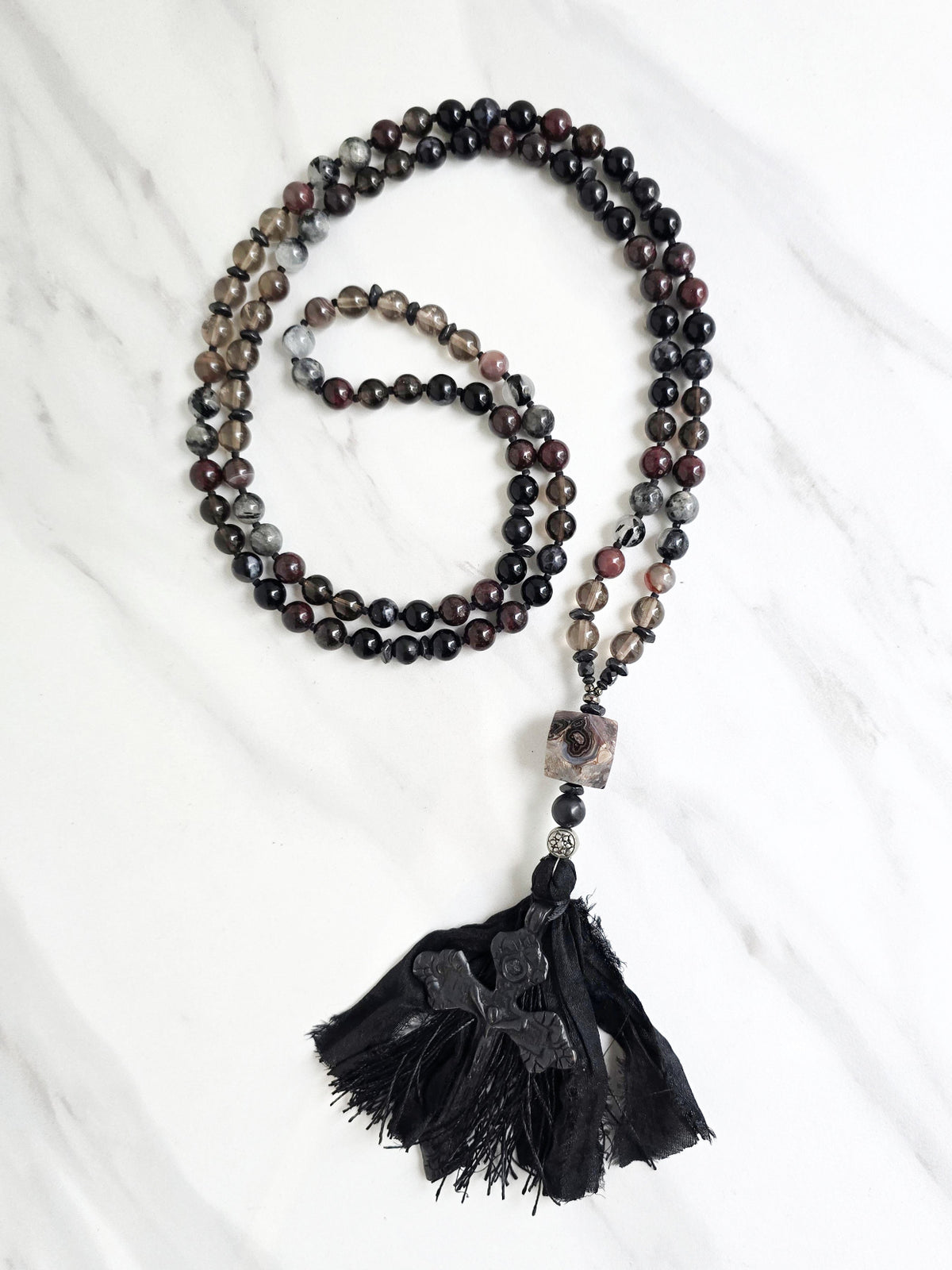 christian prayer mala black cross agate smoky quartz