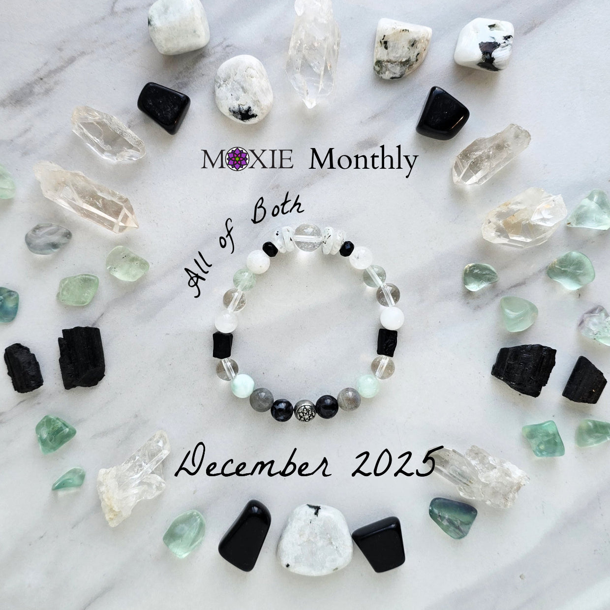 Bracelet with crystals on a marble surface, featuring 'Moxie Monthly' branding. all of both protection crystal bracelet intuition