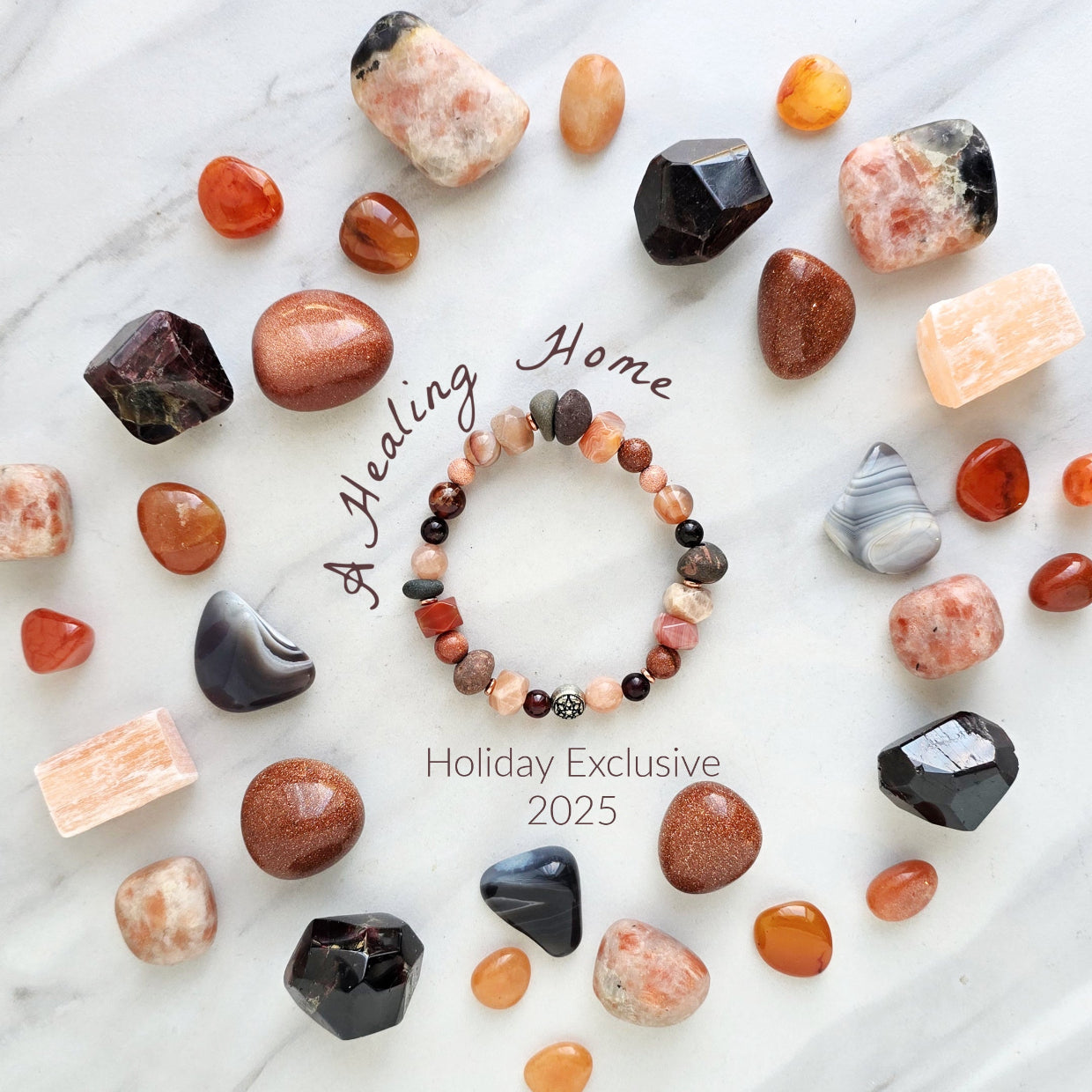 a healing home holiday exclusive, lake superior stone, crystal energy bracelet, oranges, rusts, burgundy, and gray lake stone, agates