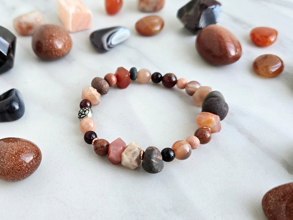 a healing home holiday exclusive, lake superior stone, crystal energy bracelet, oranges, rusts, burgundy, and gray lake stone, agates
