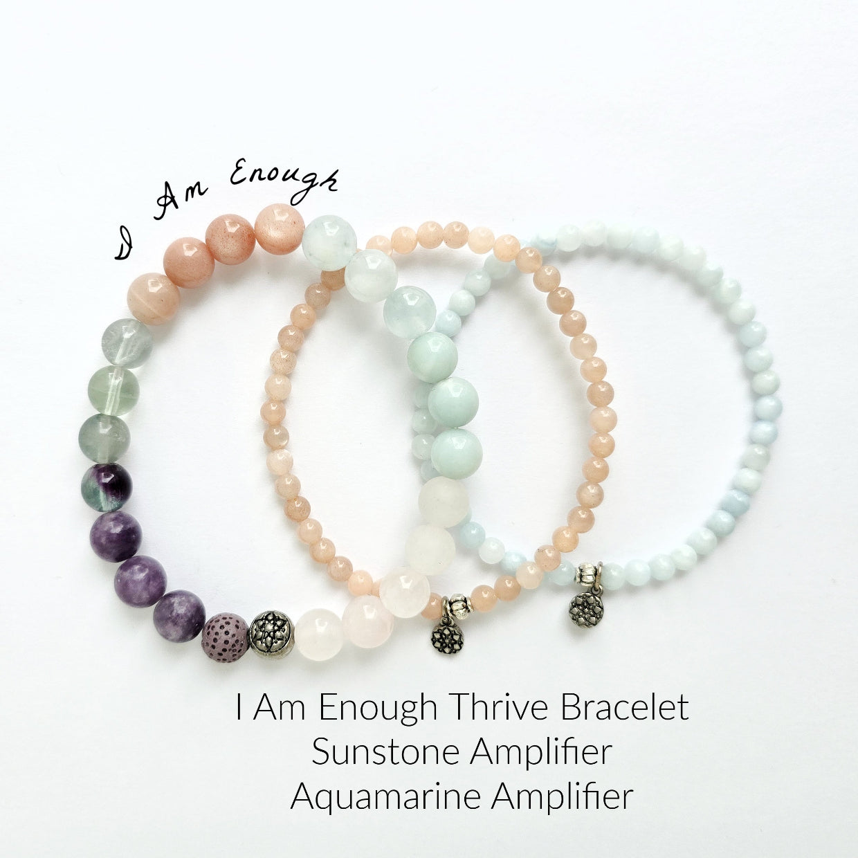 Three beaded bracelets with different colored beads on a white background