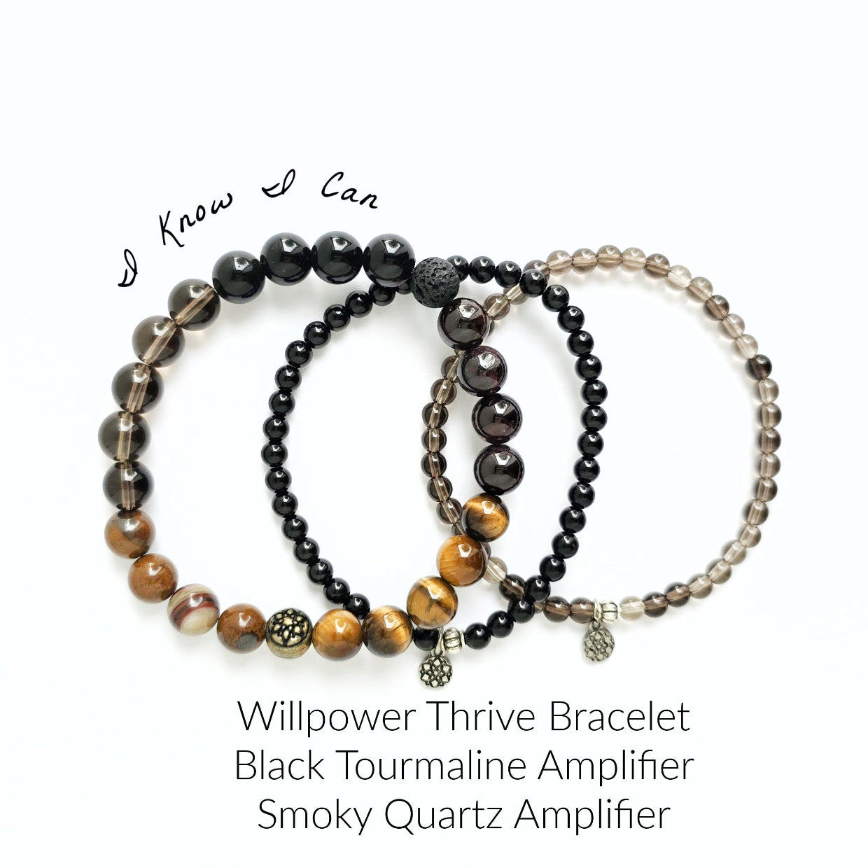 Set of three beaded bracelets with different stone colors on a white background
