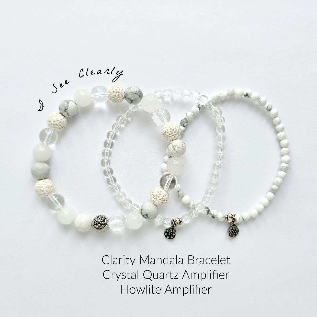 Three beaded bracelets on a white background with text describing their features.