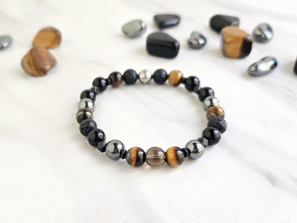 Bracelet with stones on a marble background, promoting a fundraiser for Joe Spannbauer bracelet