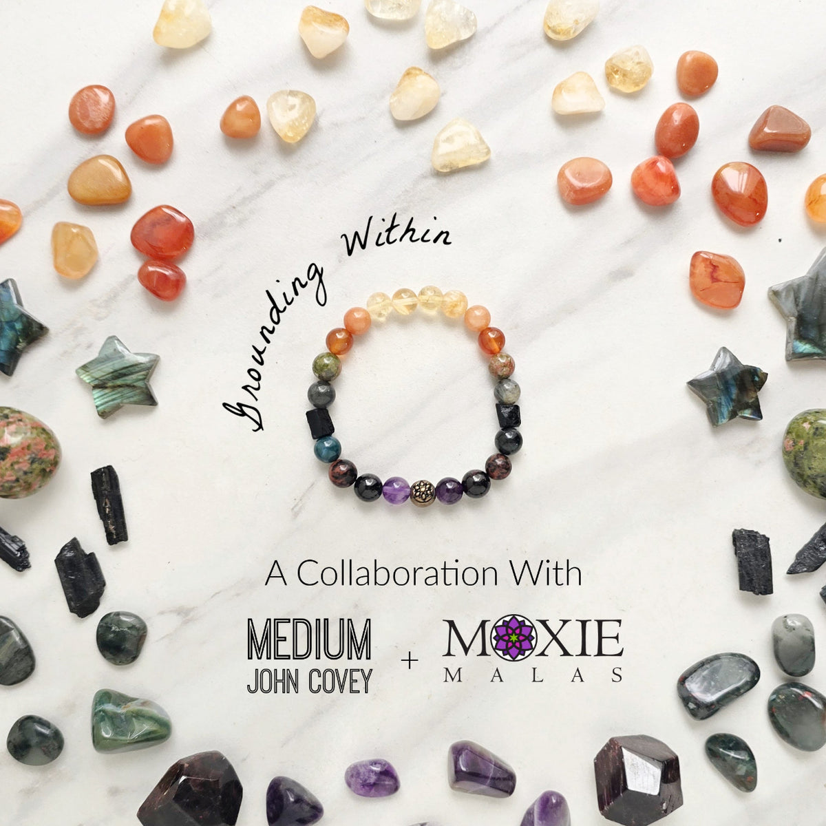 collab bracelet john covey moxie malas yellow orange green and purple stones and crystals