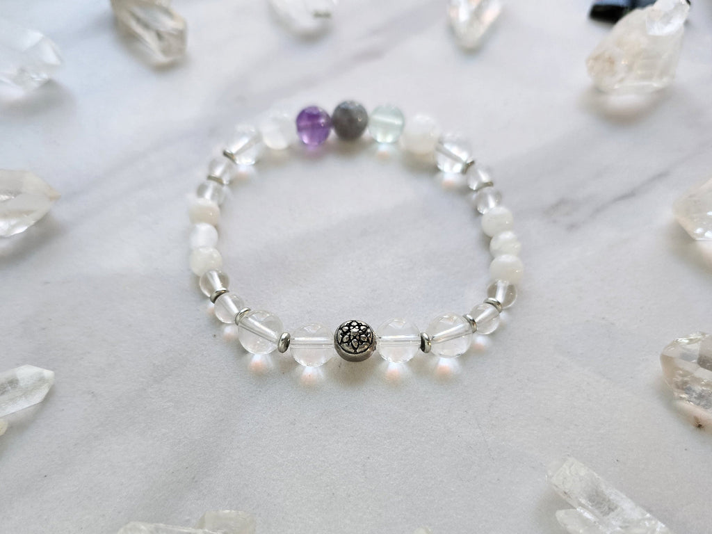 Bracelet with crystals on a marble surface, featuring 'Metatron' and 'Archangel Collection'. Archangel Metatron crystal bracelet