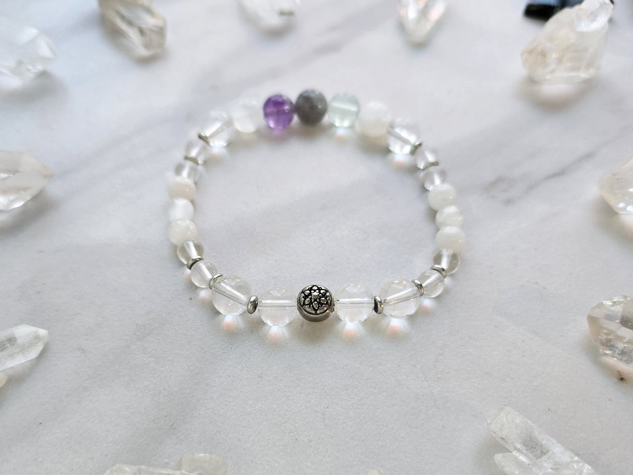 Bracelet with crystals on a marble surface, featuring 'Metatron' and 'Archangel Collection'. Archangel Metatron crystal bracelet