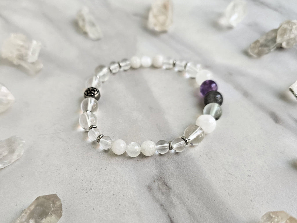 Bracelet with crystals on a marble surface, featuring 'Metatron' and 'Archangel Collection'. Archangel Metatron crystal bracelet