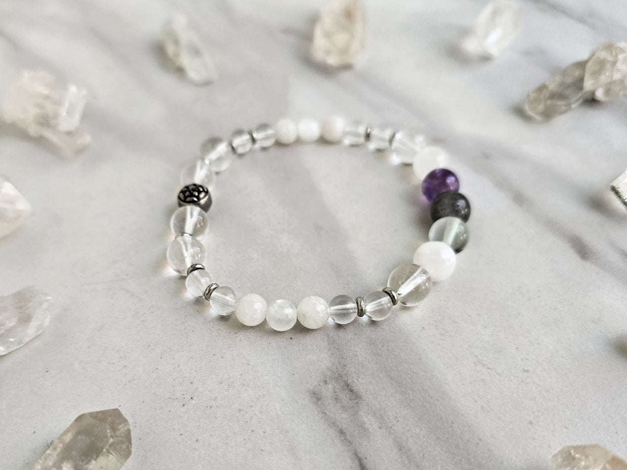 Bracelet with crystals on a marble surface, featuring 'Metatron' and 'Archangel Collection'. Archangel Metatron crystal bracelet