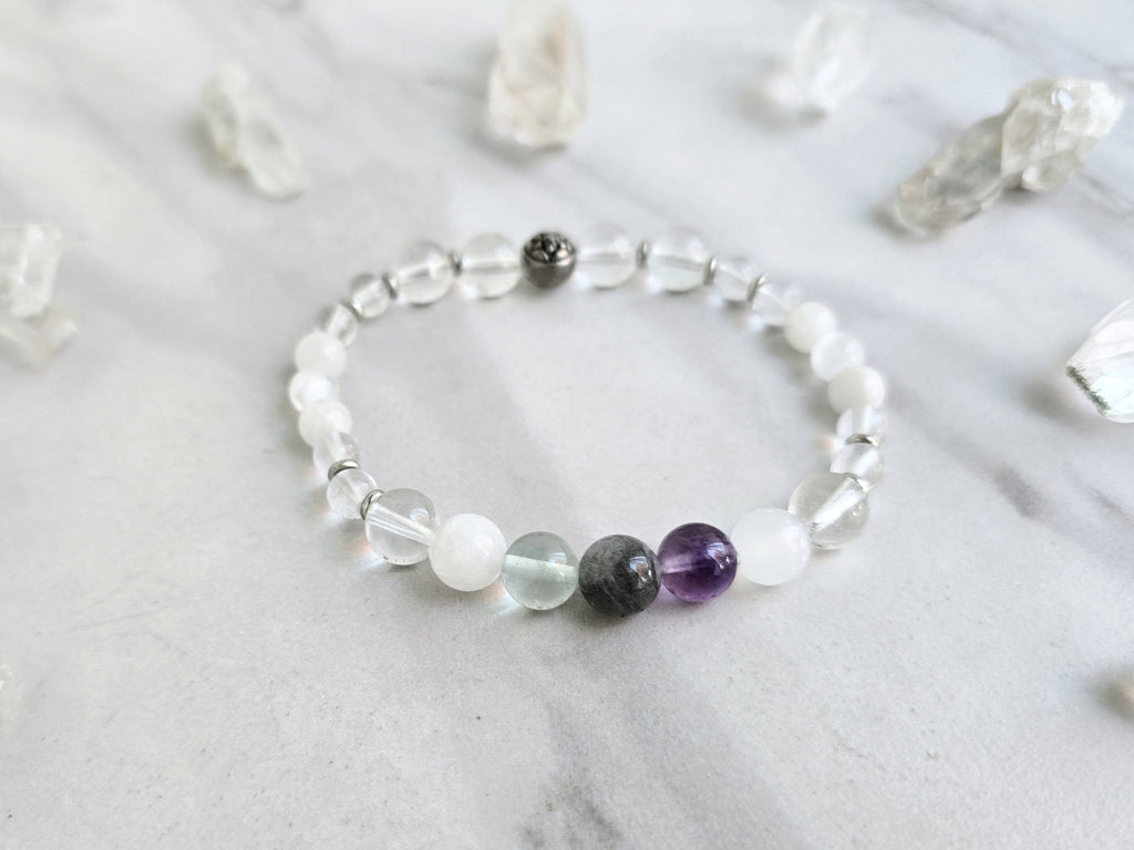 Bracelet with crystals on a marble surface, featuring 'Metatron' and 'Archangel Collection'. Archangel Metatron crystal bracelet