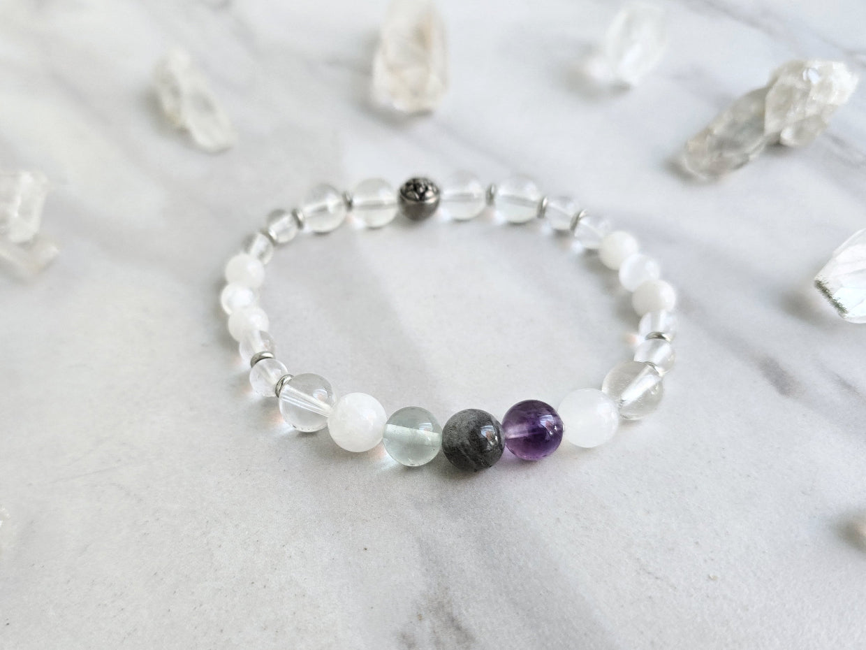 Bracelet with crystals on a marble surface, featuring 'Metatron' and 'Archangel Collection'. Archangel Metatron crystal bracelet