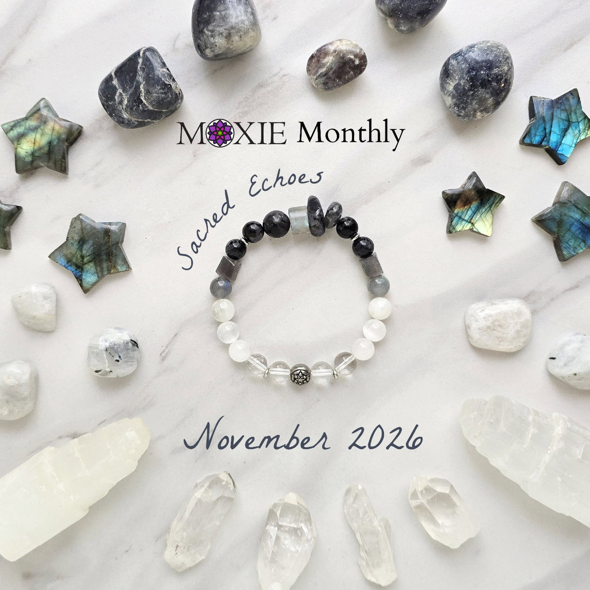 moxie monthly bracelet club sacred echoes november 2026 black white gray labradorite selenite