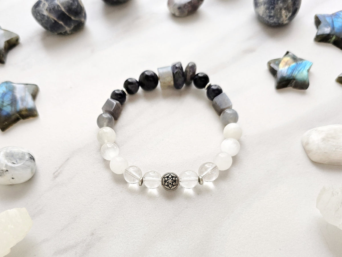moxie monthly bracelet club sacred echoes november 2026 black white gray labradorite selenite