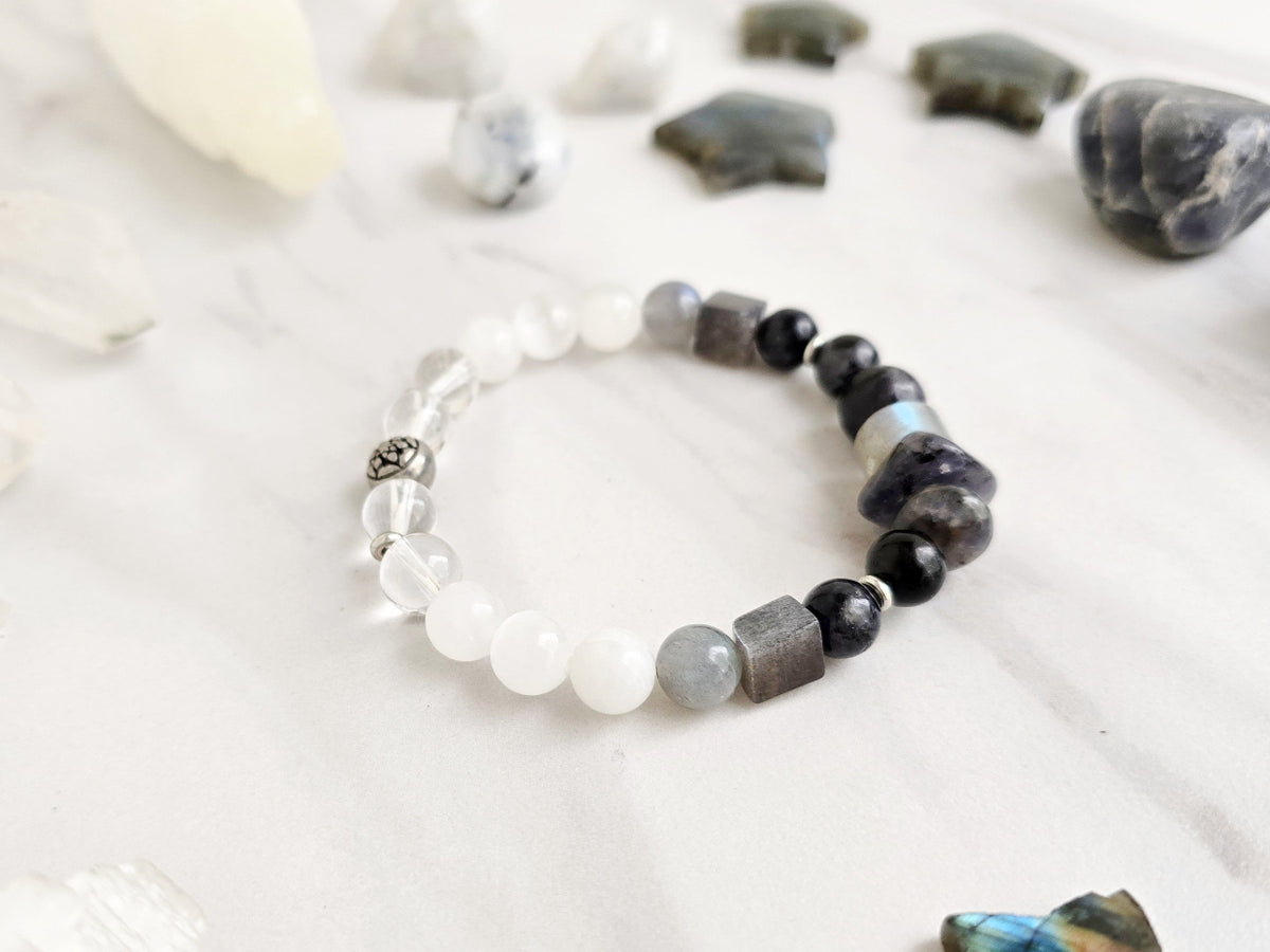 moxie monthly bracelet club sacred echoes november 2026 black white gray labradorite selenite