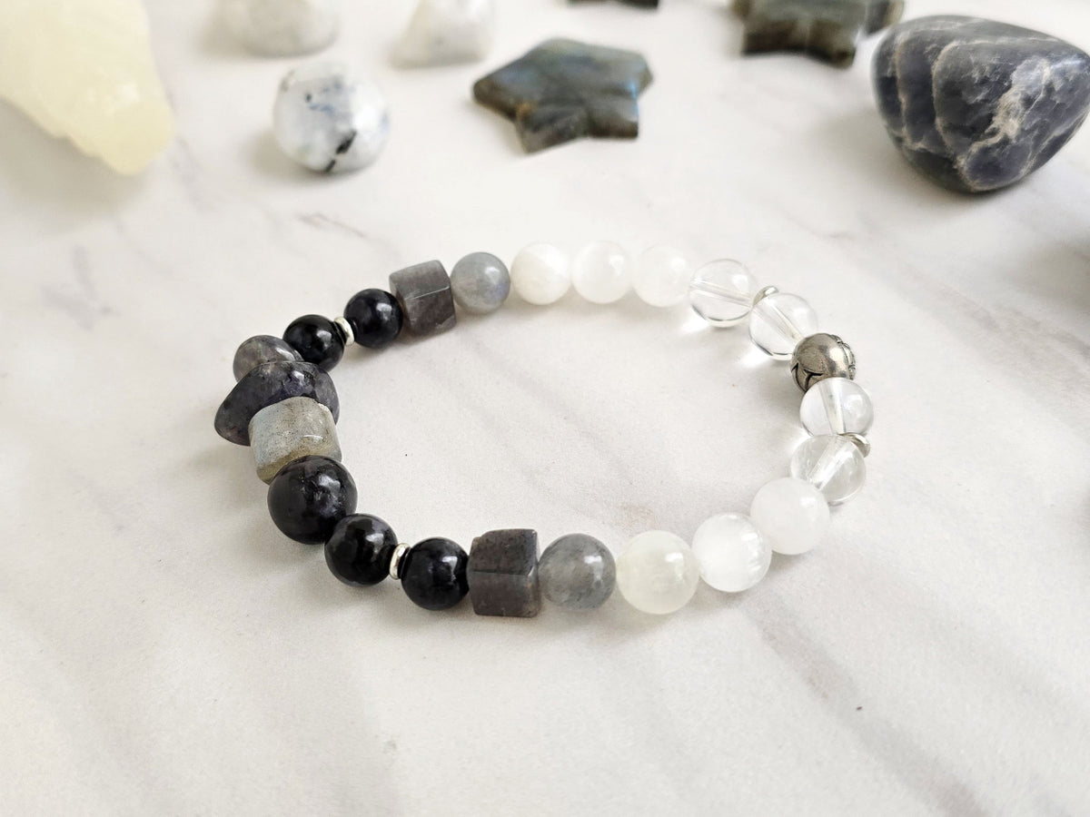 moxie monthly bracelet club sacred echoes november 2026 black white gray labradorite selenite