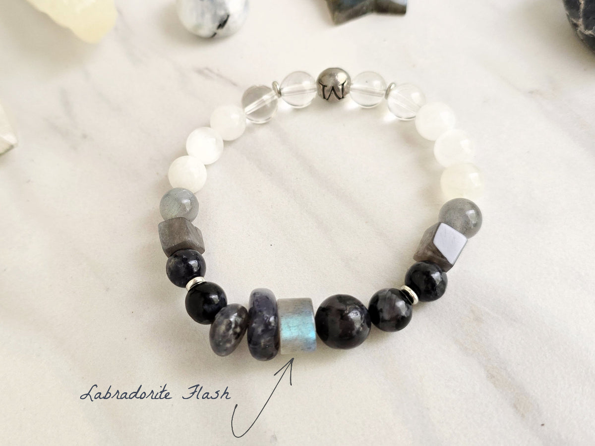 moxie monthly bracelet club sacred echoes november 2026 black white gray labradorite selenite