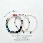 Three beaded bracelets with different color schemes on a white background, labeled 'Peaceful Aura'.