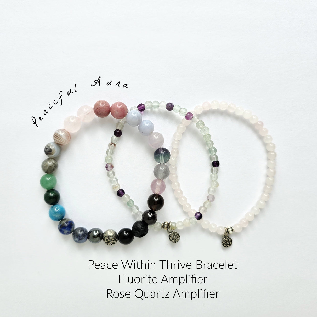 Three beaded bracelets with different color schemes on a white background, labeled 'Peaceful Aura'.