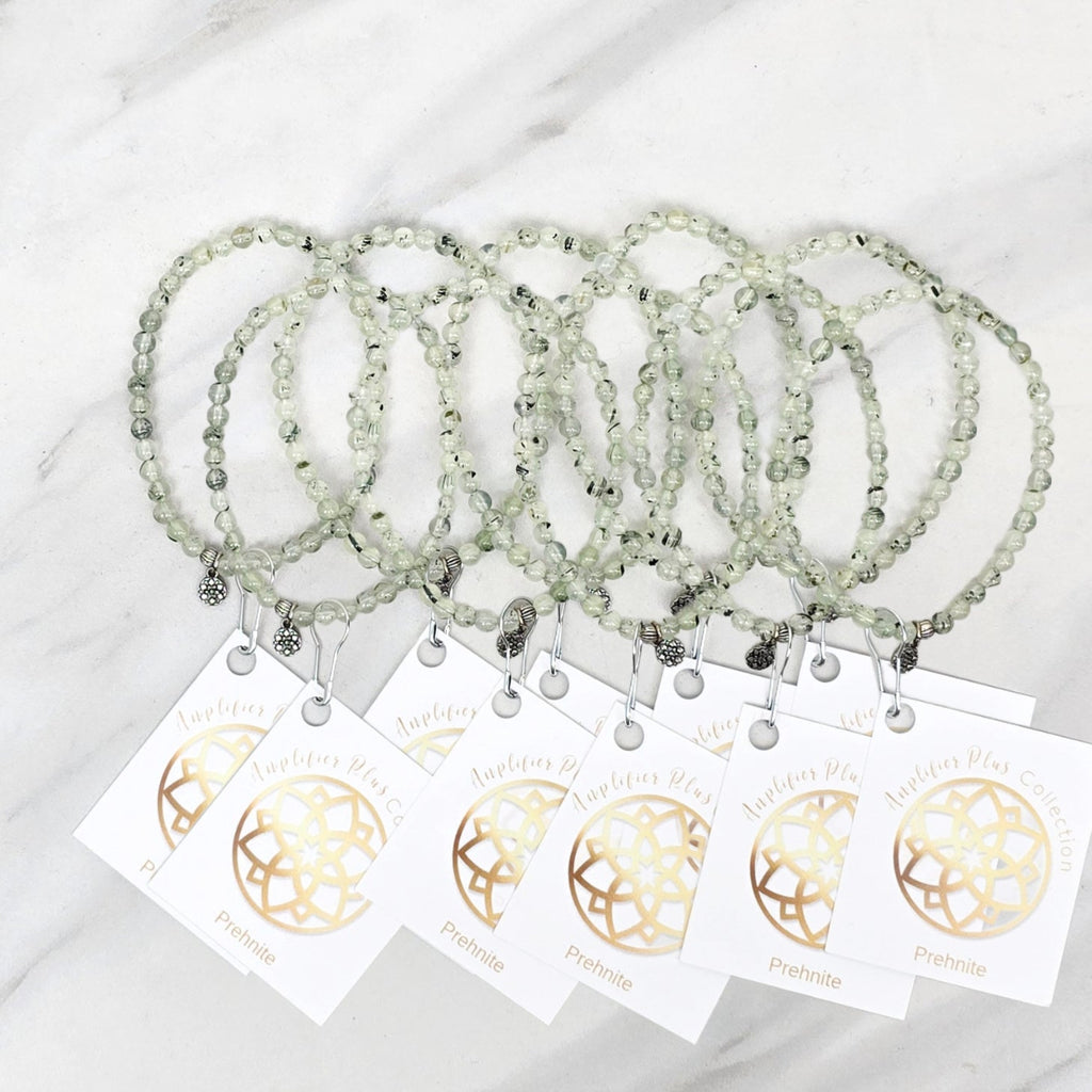 Three beaded bracelets on white cards with 'Prehnite' and 'Bestie Bundles' text on a marble background. valentines gifts galentines day