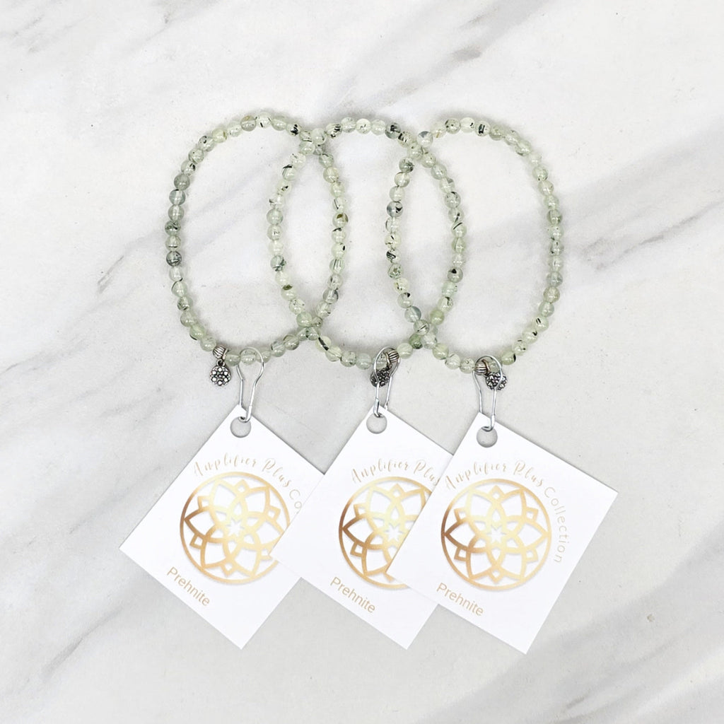 Three beaded bracelets on white cards with 'Prehnite' and 'Bestie Bundles' text on a marble background. valentines gifts galentines day