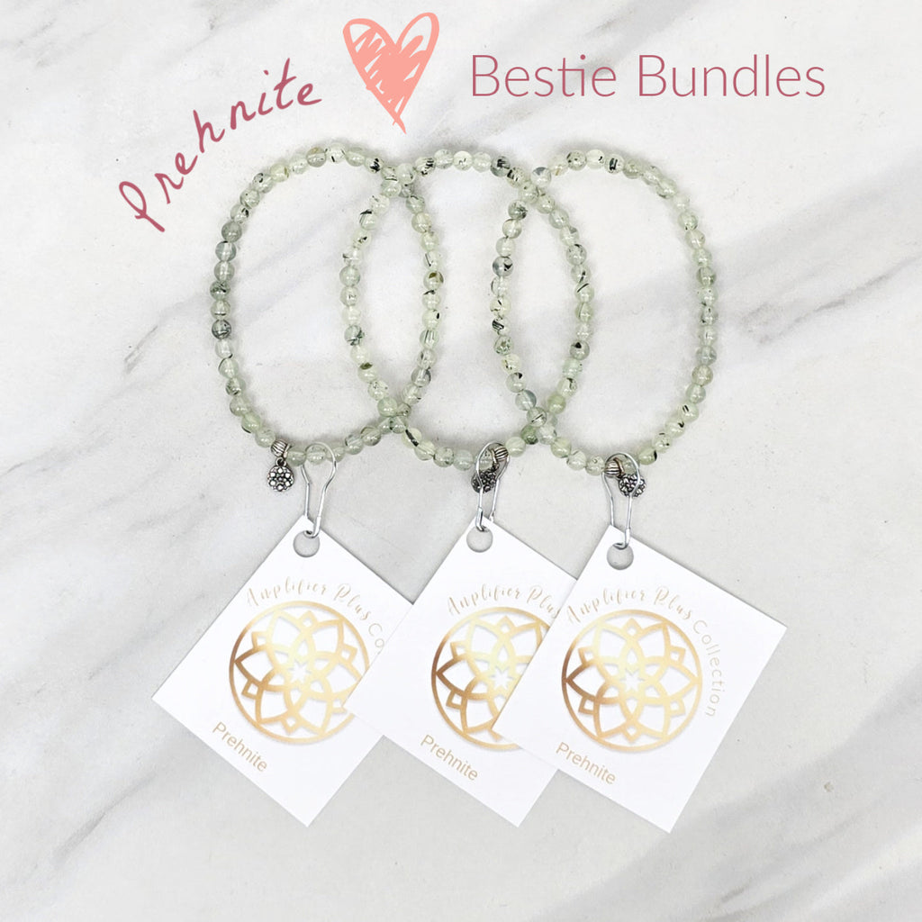 Three beaded bracelets on white cards with 'Prehnite' and 'Bestie Bundles' text on a marble background. valentines gifts galentines day