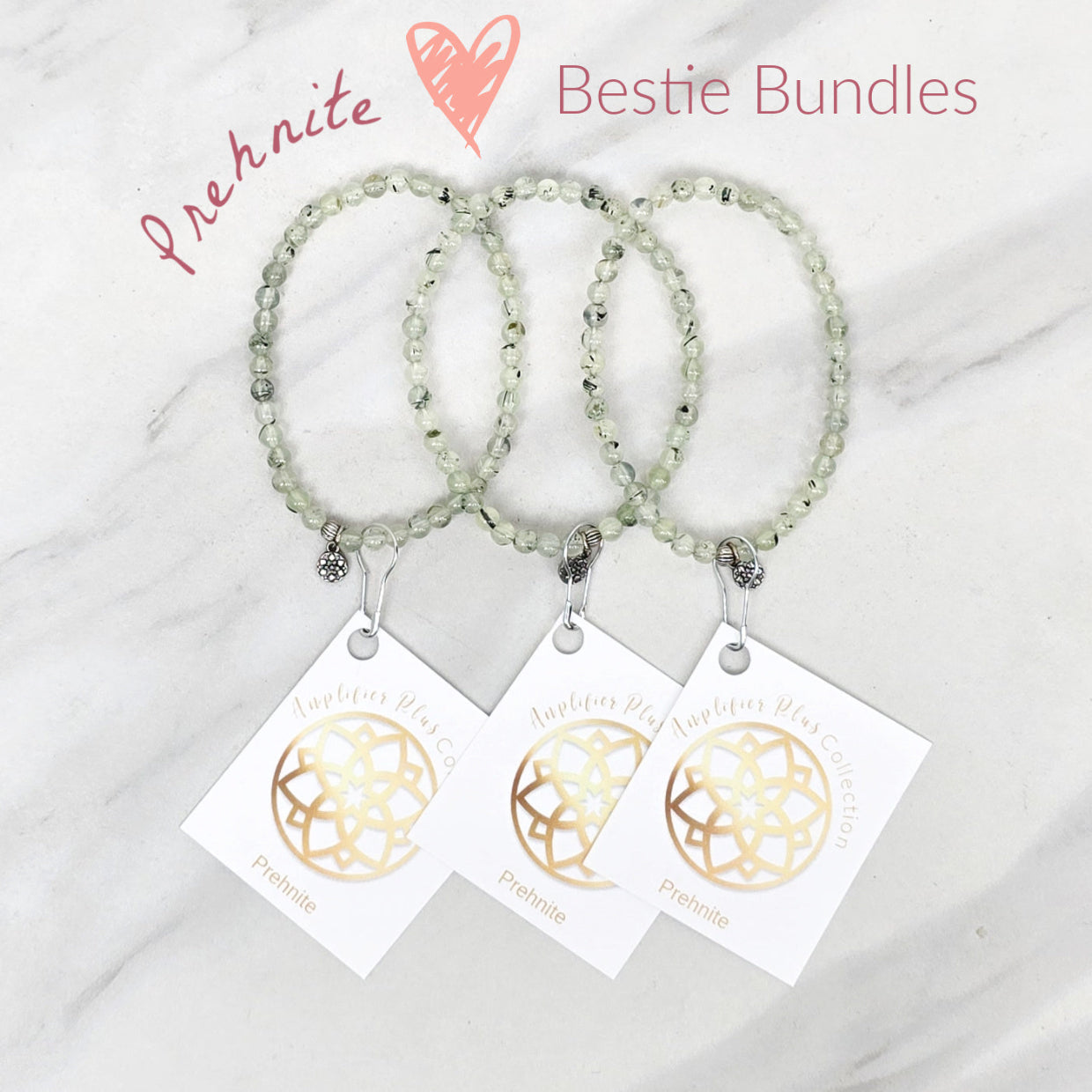 Three beaded bracelets on white cards with 'Prehnite' and 'Bestie Bundles' text on a marble background. valentines gifts galentines day
